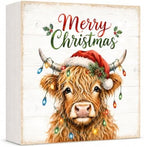 Christmas Highland Cow Decorations Wooden Box Sign Santa Hat Lights by GUDIO