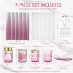 Pink Glass Bathroom Accessories Set with Shower Curtain and Liner, 7-Piece Bathroom Decor Set, Soap Dispenser, Toothbrush Holder, Soap Dish, Vanity Tray, Complete Bathroom Makeover Set - Image 2