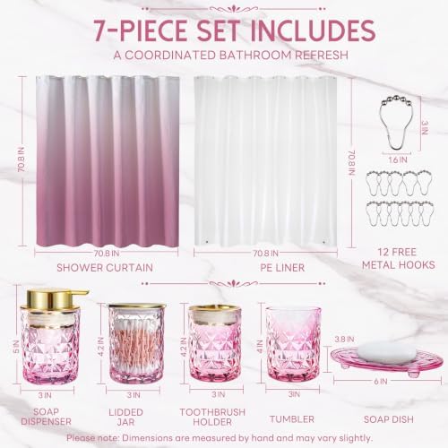 Pink Glass Bathroom Accessories Set with Shower Curtain and Liner, 7-Piece Bathroom Decor Set, Soap Dispenser, Toothbrush Holder, Soap Dish, Vanity Tray, Complete Bathroom Makeover Set - Image 2