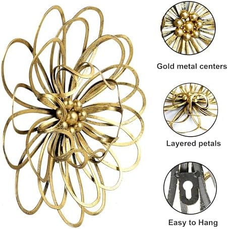 Remenna Metal Flowers Wall Decor, Metal Rustic Wall Art Decoration Farmhouse Wall Decorations Multiple Floral Hanging Decor for Bathroom Living Room Home Office Garden Kitchen 13inch (Rustic Gold) - Image 3