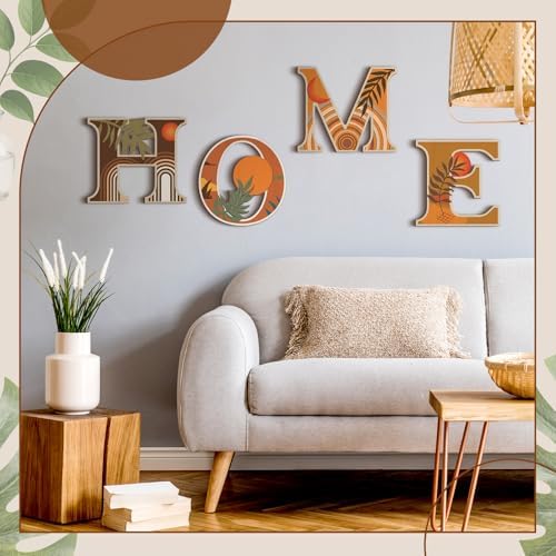 Honoson 4 Pcs Orange Boho Wall Art Decor Aesthetic Wood Home Letters Sign Hanging Orange Abstract Wall Art Rustic Farmhouse Geometric Sun Moon Leaves for Decorative Living Room Kitchen Bedroom - Image 2