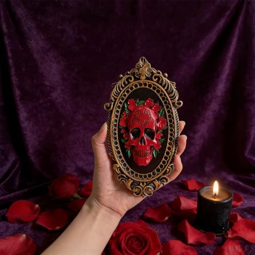 KISWIAR Resin Gothic Skull Wall Sculpture with Floral Frame, Vintage Skull Wall Decor for Living Room Hallway Bedroom Bar, Gothic Art Home Decoration - Image 5