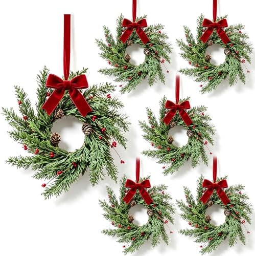 6 Pcs Mini Christmas Hanging Wreaths Artificial Cedar Cypress Pine Greenery with Pine Cones & Red Berries Small Rustic Farmhouse Wreath for Cabinets Front Door Porch Window Wall Holiday Winter Decor by Unknown