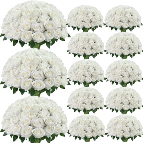 100Pcs White Roses Artificial Flowers, Realistic Silk Fake Roses Bouquet by Yastouay