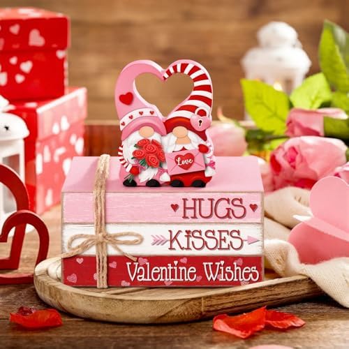 Geelin 4 Pcs Valentine Day Gnome Table Decoration Wooden Book Stack Signs - Image 5