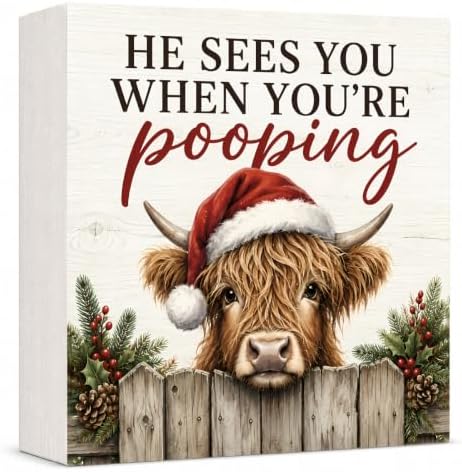 Christmas Highland Cow Bathroom Decorations Funny Wooden Box Sign by GUDIO