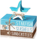 Geelin 4 Pcs Summer Beach Tiered Tray Decor Wooden Book Stack Signs, Starfish Seashell Coastal Nautical Table Centerpiece for Shelf Coffee Bar Home Kitchen Beach House Decorations by Geelin