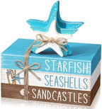 Geelin 4 Pcs Summer Beach Tiered Tray Decor Wooden Book Stack Signs, Starfish Seashell Coastal Nautical Table Centerpiece for Shelf Coffee Bar Home Kitchen Beach House Decorations by Geelin