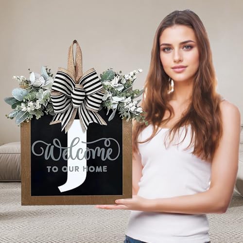 Ultra Large 14'' Last Name All Year Round Front Door Wreath with 26 Initial Letter Welcome Sign All Seasons Eucalyptus Garland and Bow Wreaths for Front Door Porch Farmhouse Decoration (J) by Unknown