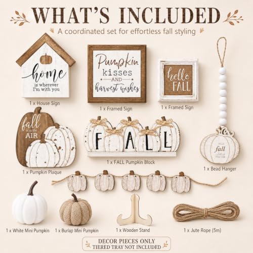Reallnaive 18 Pcs Fall Tiered Tray Decor Set Neutral Wood Signs - Image 3