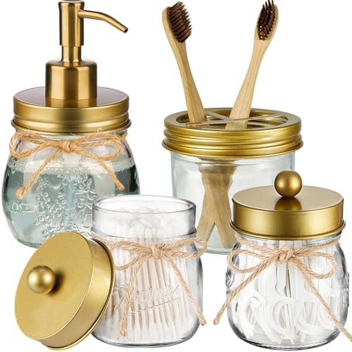 Amolliar Glass Mason Jar Bathroom Accessories Set 4 Pcs (Gold) by Amolliar