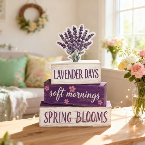 Spring Decoration Wooden Tiered Tray Decor – Rustic Lavender Days Stacked Block Sign with Lavender Flower Topper – Farmhouse Tabletop Spring Decor for Living Room Shelf Kitchen Coffee Bar Seasonal Home Display - Image 6