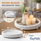 RayNab Farmhouse Round Wooden Beaded Tray - 12in Whitewashed Rustic Decor - Image 3