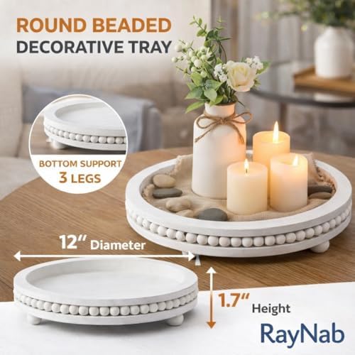 RayNab Farmhouse Round Wooden Beaded Tray - 12in Whitewashed Rustic Decor - Image 3