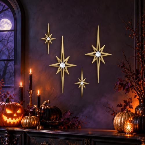 sxnzequnze 4 Pcs Star Wall Art for Home Decor Living Room Bedroom Office Metal 3D,Bling,with Hanging Hook Starburst Midcentury Sculpture Retro Gallery Accent Celestial -Gold 16.5in/9.4in - Image 6