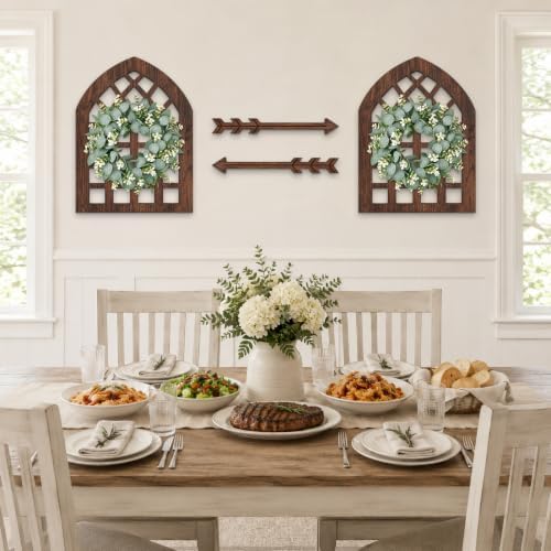 WAKOSAN Rustic Wood Window Frame Wall Decor with Wreath & Arrows, Set of 2 - Image 4