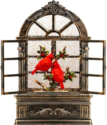 Cardinal Snow Globe Lantern Christmas Snow Globes Arched Window Shape Christmas Decorations Indoor for Home Timer Christmas Music Box, USB and Battery Powered by Gorrzai