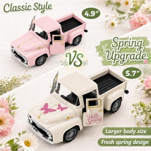 Vintage Metal Truck Decor with Artificial Flowers, Spring Floral Pickup Truck Decoration, Farmhouse Home Decor for Table Shelf Mantel Tiered Tray, Easter Mother's Day Spring Decorations Gift - Image 4