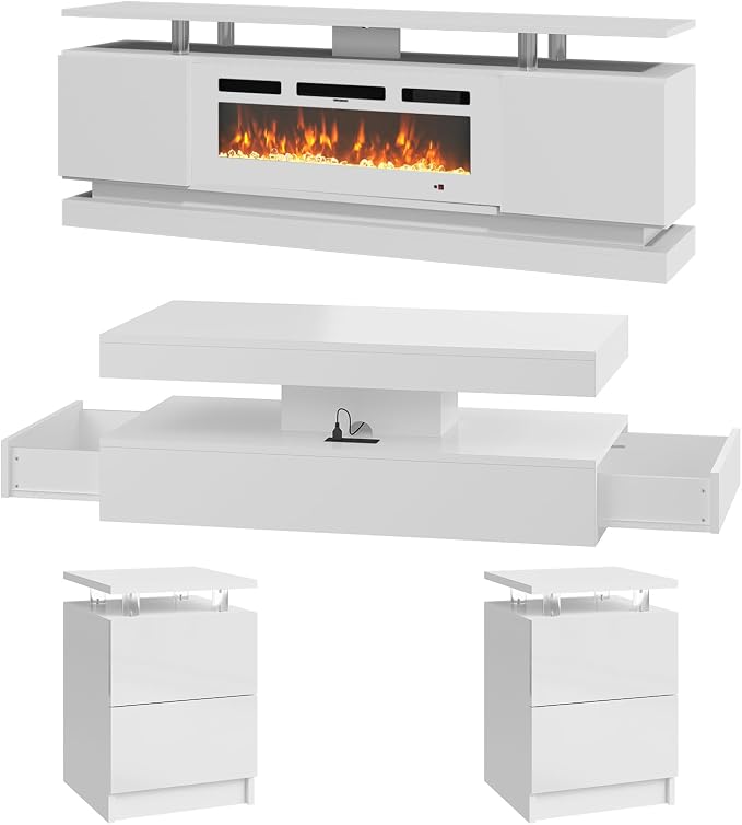 4-Piece Modern Living Room Table Set, Includes High Gloss 70" Fireplace TV Stand - Image 4