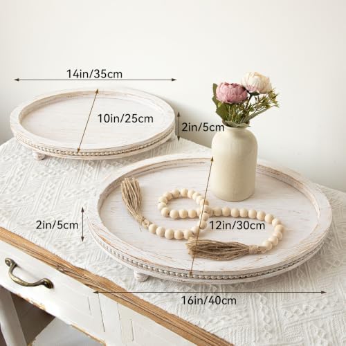 Farmhouse Oval Wooden Decorative Trays Set of 2, Distressed White Solid Wood Beaded Trays for Coffee Table, Kitchen Counter, Ottoman & Dining Table Centerpiece Decor - Image 3
