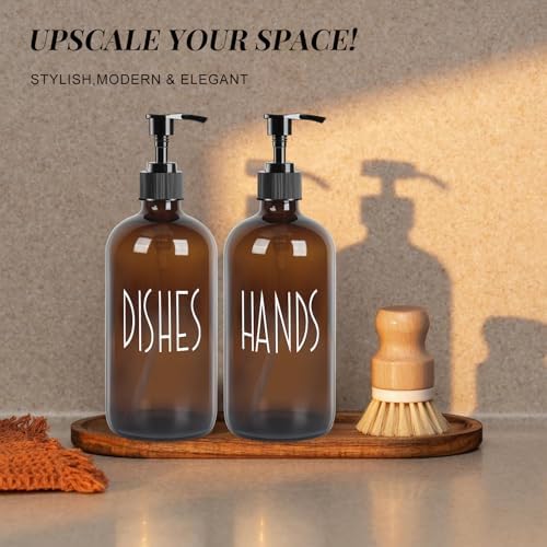 Dish Soap Dispenser with Plastic Pump for Kitchen - 16 OZ Glass Hand Soap Dispenser Set - Kitchen Bathroom Decor and Accessories (Dark Brown) - Image 6