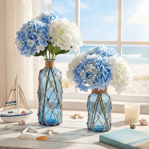 Chuangdi Set of 2 Coastal Glass Flower Vase with Boho Rope, Navy Blue - Image 3