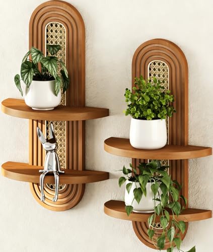 Floating Shelves for Wall,Boho Home Wall Decor,2-Tier Rattan Plant Shelf,Mid Century Hanging Small Decorative Shelf,Natural Wood Shelves for Living Room,Bedroom,House,Office,2-Pack (Walnut) by Hongsane