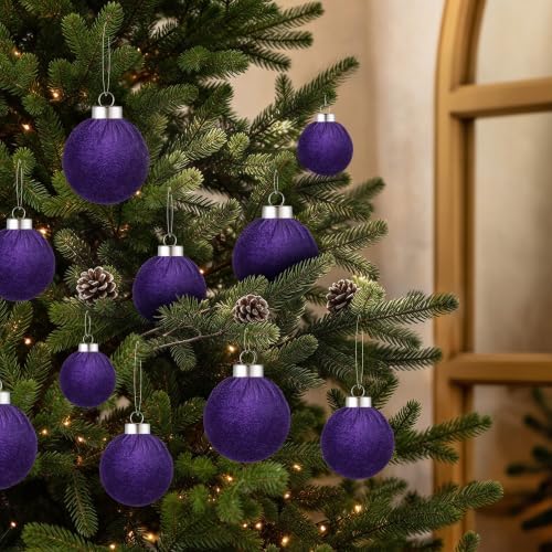 Velvet Christmas Ball Ornaments - 30pcs Flocked Christmas Ornaments Set Shatterproof Classic Hanging Xmas Tree Decorations with Rope for Wreath Holiday Home Decor (Purple) - Image 5