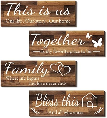 4 Pieces Home Wall Signs, THIS IS US/TOGETHER/BLESS THIS HOME/FAMILY Wall Decor For Living Room Bedroom, Rustic Wooden Farmhouse Wall Art , 4.7 x 13.8 Inch(Brown) by JOYHAWK-DesigningaBetterLife