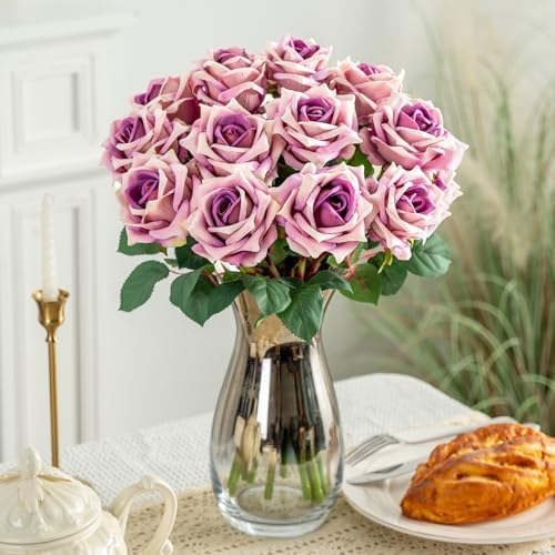 Ttranewsoo 12PCS Artificial Roses with Stems, Realistic Purple Fake Roses, Silk Rose Flowers for Vases, DIY Bouquets, Wedding Centerpieces, Party & Home Decor, 16.5 Inch - Image 6