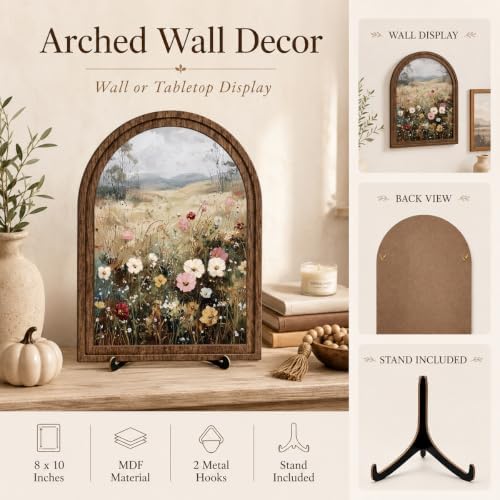 Rustic Farmhouse Tabletop Decor Sign, Arched Wooden Frame with Stand, Soft Wildflower Meadow Art for Living Room Dining Room Bedroom, Warm Gift for Friends - Image 4