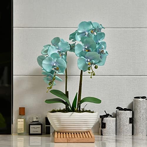 Large Artificial Orchid Arrangement in Oval Ribbed Ceramic Pot, Golden Blue - Image 6