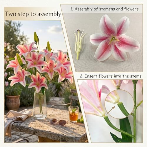Artificial Lily Flowers with 9 Full Blooms & 3 Buds, Real Touch Long Stem Faux Tiger Lily for Home Hotel Office Wedding Party Table Centerpieces Decor(Light Pink) - Image 5