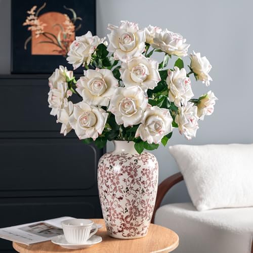 Artificial Flowers Artificial Roses Fake Roses 23.2In Long Stem Artificial Flowers for Tall Vase Silk Rose Suitable for Wedding Decor Valentine's Day DIY Bouquet Spring,Pattern White,20PCS by ENALGRE