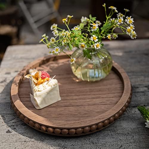 HPC DEC R OUR HAPPY PLACE 12in Round Wood Beaded Tray - Brown, Distressed Finish - Farmhouse Boho Style - Decorative Tray for Living Room, Coffee Table, Kitchen Table or Serving Tray - Image 4