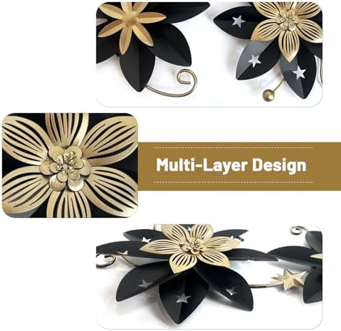 LIFFY Metal Flower Wall Decor, Black & Gold Floral Metal Wall Art for Indoor Outdoor,Black Wall Decor Boho Modern Wall Decor for Bathroom, Living Room, Bedroom, Porch, Garden, Yard (Black & Gold 2) - Image 2