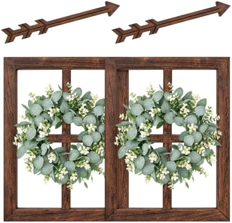 WAKOSAN Rustic Wood Window Frame Wall Decor with Wreath & Arrows, Set of 2 by WAKOSAN
