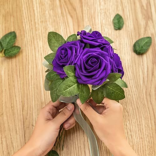 Artificial Flower Foam Rose 25pcs Real Looking Fake Rose with Stems Leaves for Home Decoration Party Garden Centerpieces DIY Wedding Bouquets（Purple） - Image 5
