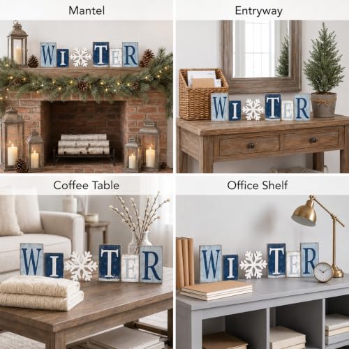 Threehoney 6 Piece Winter Wood Block Decor, Blue and White Winter Letter Sign with Snowflake, Rustic Wooden Tabletop Decorations for Shelf Mantel Tiered Tray Home Decor - Image 5