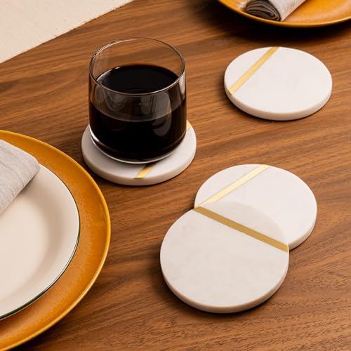 Cork & Mill Marble Coasters with Gold Brass Inlay, White, Set of 6 - Image 2