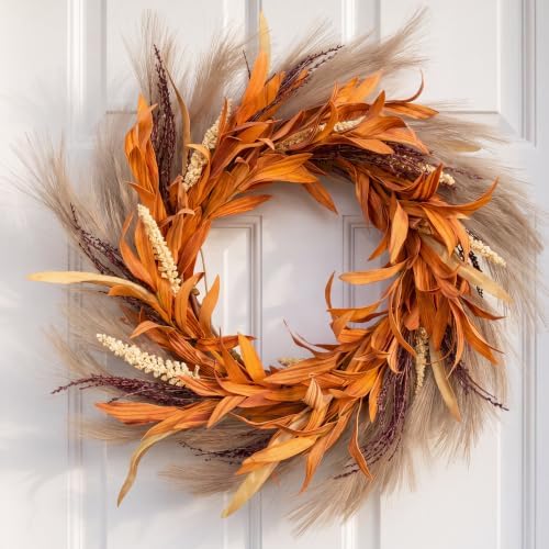 Perfnique Fall Wreath for Front Door, 18'' Autumn Wreath for Door Decor, Faux Pampas Wreath for Fall Decor, Boho Wall Decor, Farmhouse Pampas Grass Garland for Home Outdoor Thanksgiving Decoration by PERFNIQUE