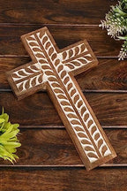 NIRMAN Mango Wood Religious Catholic Cross Wall Hanging Floral Carvings Living Room Home Décor for Entryway Office Living Room (10" x 6" x 0.75") - Image 5