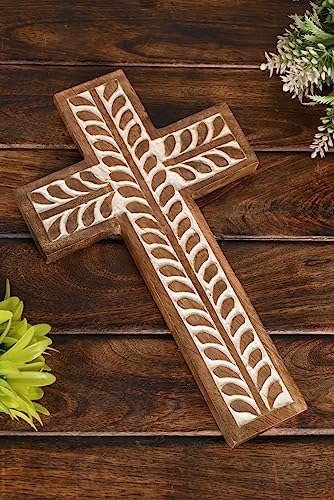 NIRMAN Mango Wood Religious Catholic Cross Wall Hanging Floral Carvings Living Room Home Décor for Entryway Office Living Room (10" x 6" x 0.75") - Image 5