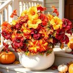 6 Bundles Artificial Fall Morning Glory Flowers for Outdoors, UV Resistant No Fade Fake Faux Fall Flowers with Maple Leaves for Thanksgiving Farmhouse Harvest Home Garden Patio Decor by DOUBFIVSY