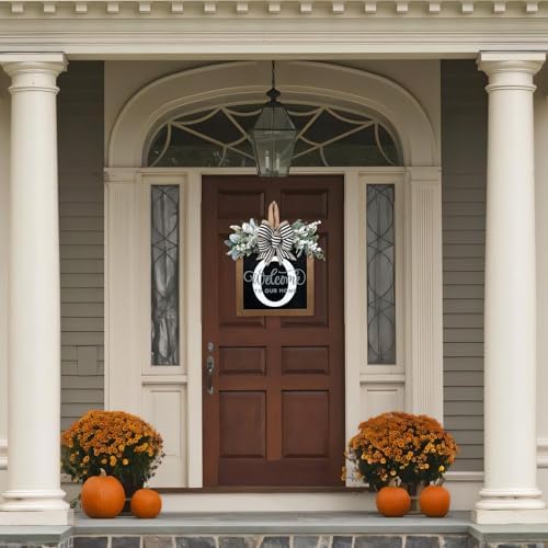 Ultra Large 14'' Last Name All Year Round Front Door Wreath with 26 Initial Letter Welcome Sign All Seasons Eucalyptus Garland and Bow Wreaths for Front Door Porch Farmhouse Decoration (O) - Image 6