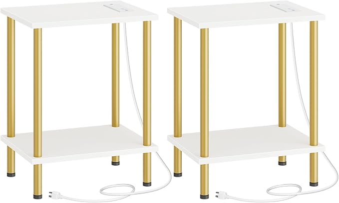 HOOBRO Side Table with Charging Station, Nightstand with 2-Layer Storage Shelves by HOOBRO