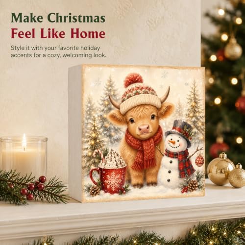 Christmas Highland Cow Decorations Snowman Pine Tree Wooden Box Sign - Image 5