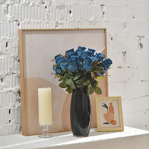 Artificial Rose Flowers 12 Heads 2 Bundles Silk Rose Bouquets, Navy Blue - Image 6