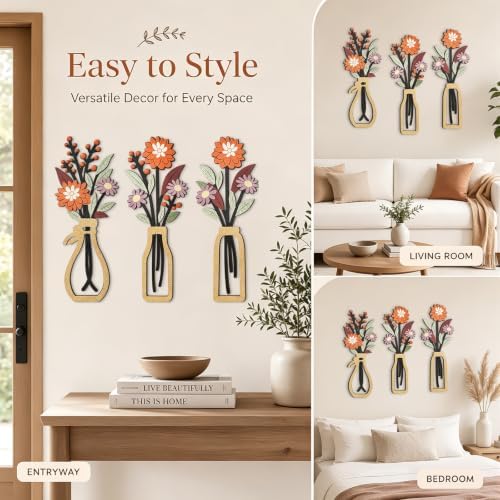 puthiac Wooden Floral Vase Wall Art Decor Set of 3, Harvest Dahlia - Image 5