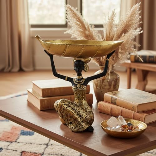Lescafita African Woman Statue with Gold Leaf Bowl - Image 4